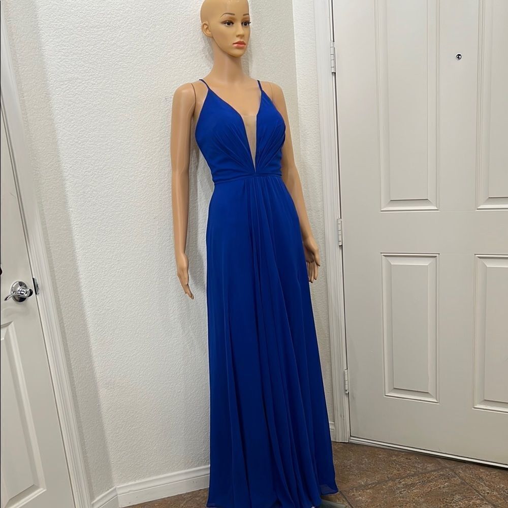 Betsy & Adam Blue Prom Gown Sz 8 VNeck Spaghetti Straps Tie Backless Pleated